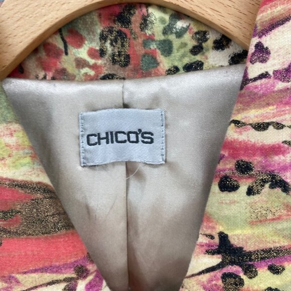 Chicos Jacket Womens 1 US Medium Green Red Multi Animal Print Shimmer Button Up - Picture 6 of 9